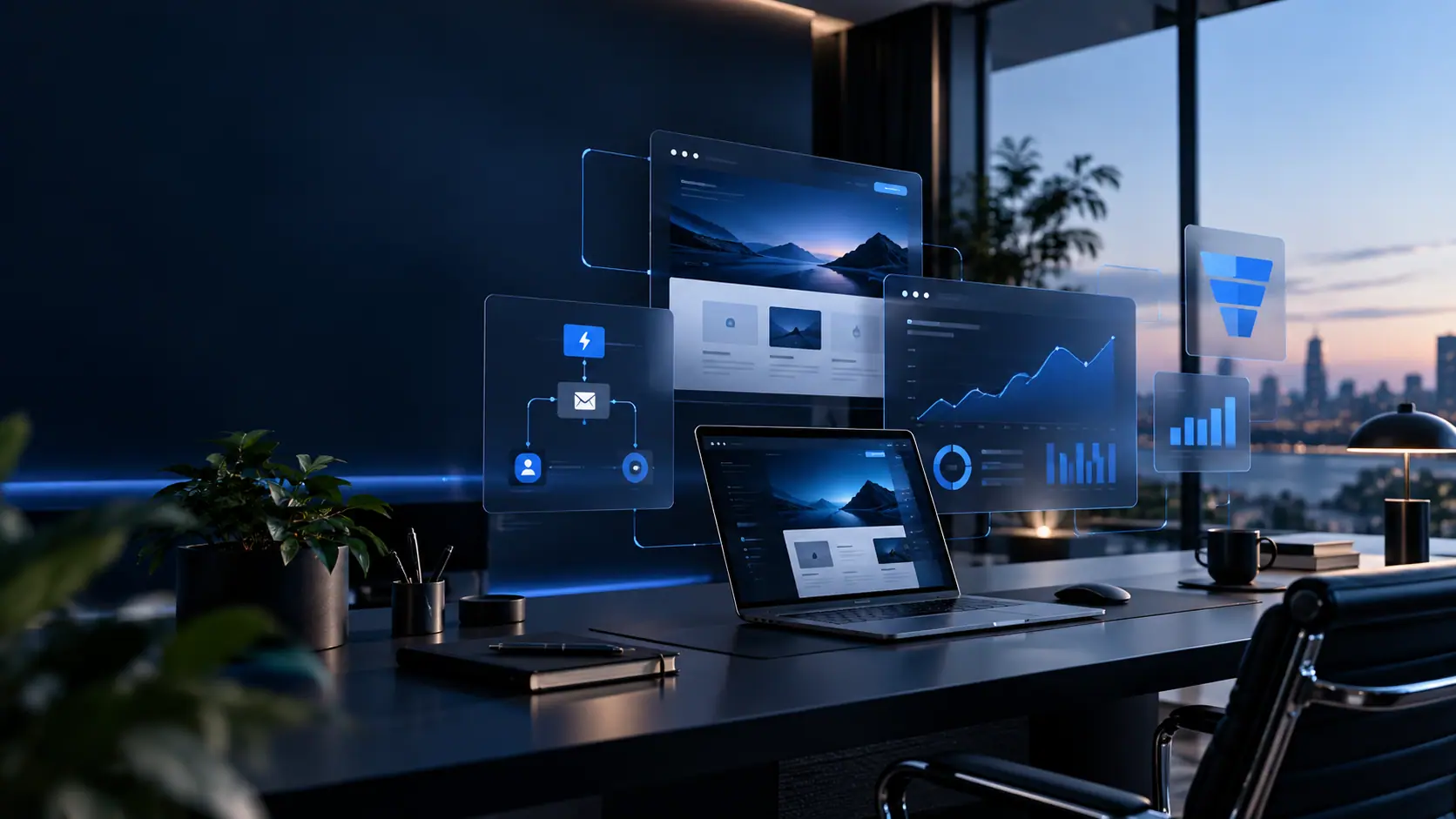 Ein dunkles Büro am Abend mit Laptop und leuchtenden digitalen Übersichten vor einer Stadtkulisse.
