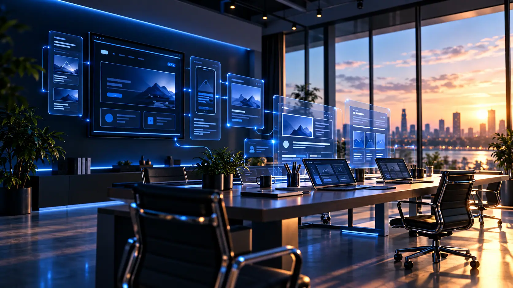 Ein großes Büro bei Sonnenuntergang mit leuchtenden Webseiten-Ansichten an der Wand und Laptops auf den Tischen.