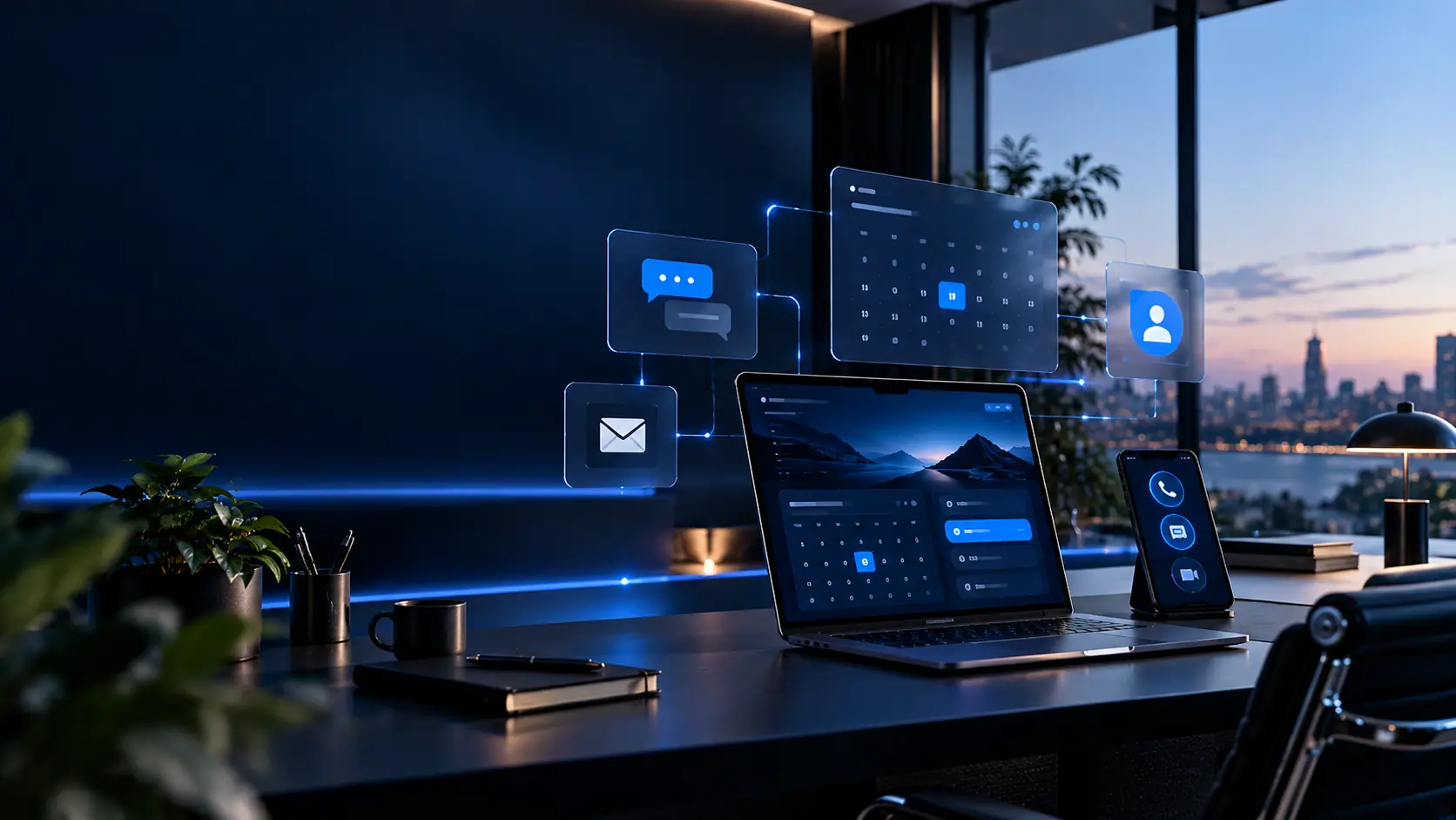 Ein Laptop und ein Smartphone mit Kalender, Nachrichten und E-Mail-Symbolen auf einem Schreibtisch am Abend.