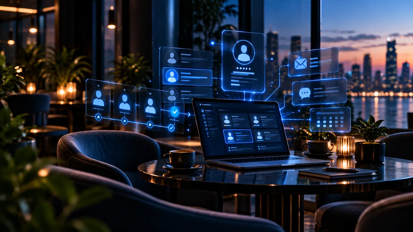 Eine Lounge am Abend mit Laptop und leuchtenden Karten für Kontakte, Nachrichten und E-Mails.