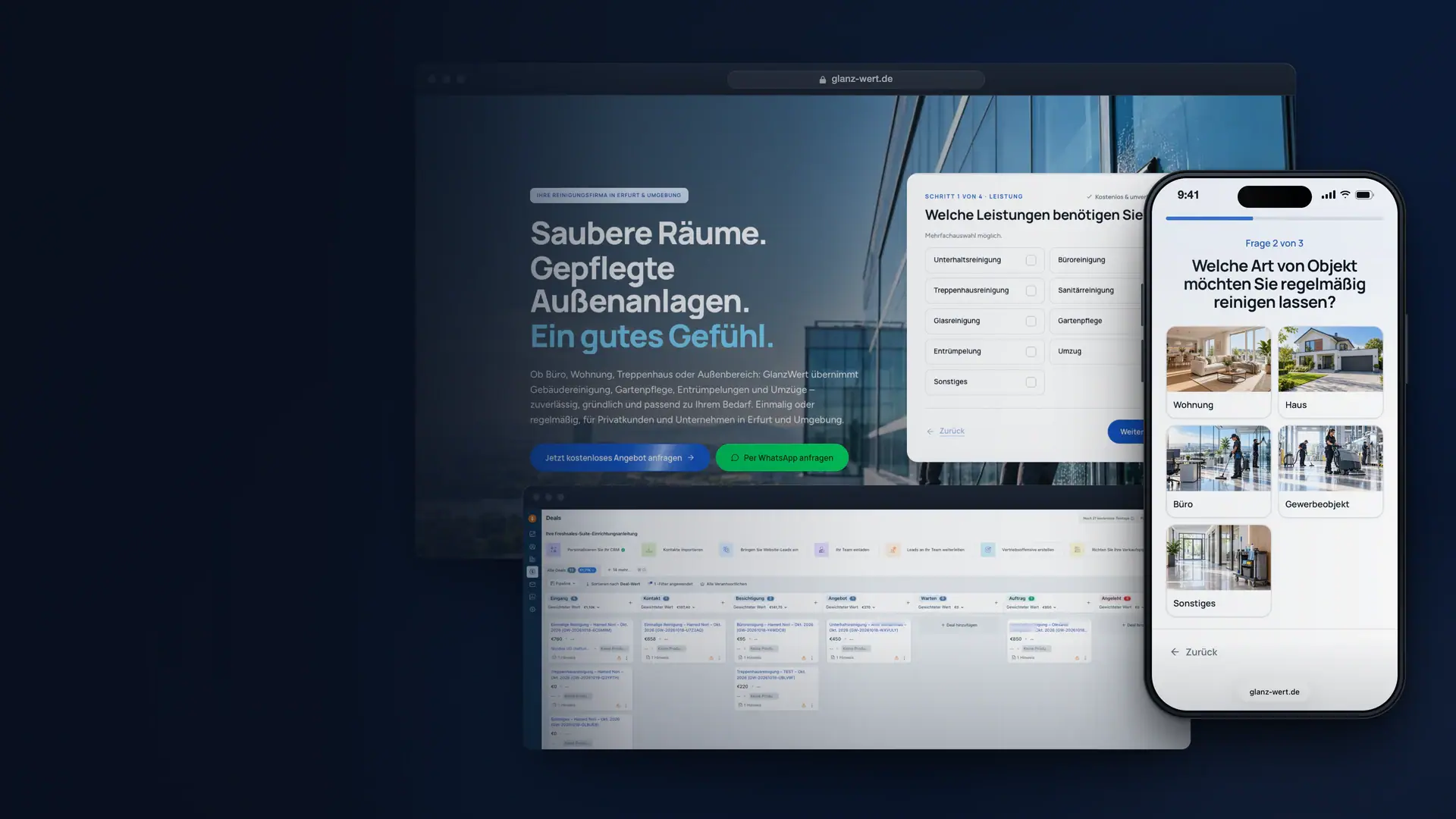Website, Anfrage-Funnel auf dem Smartphone und CRM-Vertriebspipeline von GlanzWert.