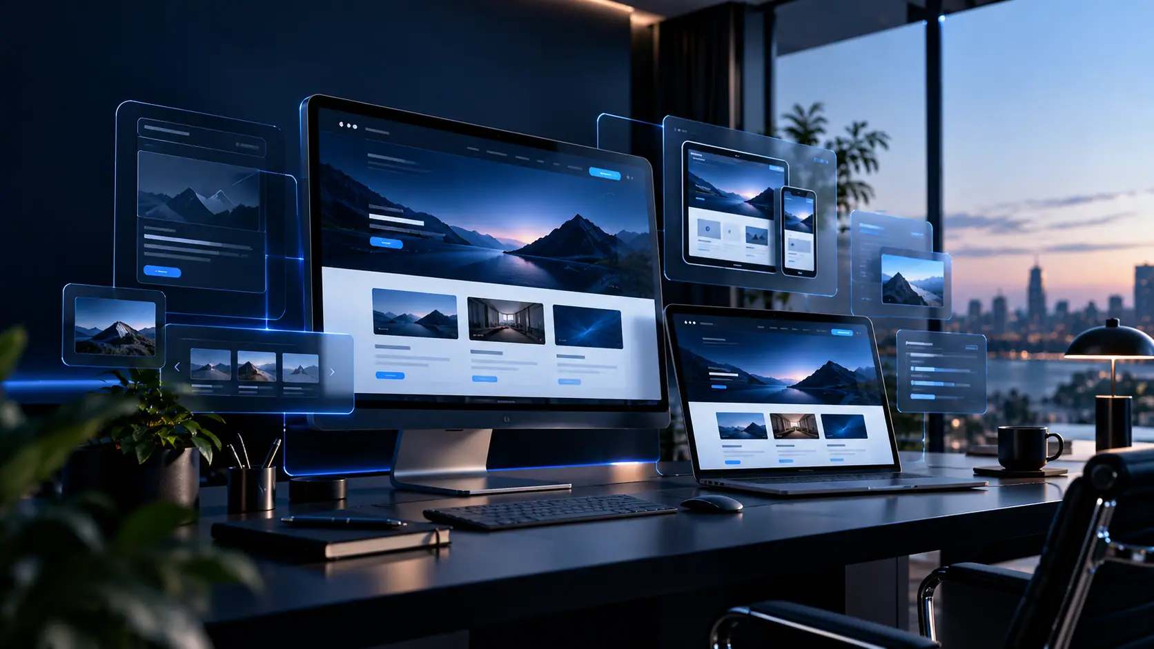 Ein Schreibtisch mit Monitor, Laptop, Tablet und Smartphone, die dieselbe Webseite zeigen.